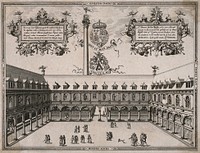 The Royal Exchange, London: view from roof height, with various men at business in the courtyard, emblematic devices in the sky area. Etching by B. Howlett, 1808, after F. Hogenburg, 1570.