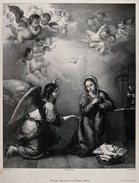 The angel, announcing the birth of Christ, gives a lily to the Virgin. Lithograph by F. Decraene after B. Murillo.