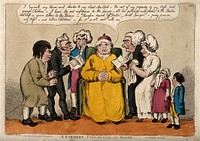 A farmer telling his family, a doctor, a vicar and a lawyer his last will and testament. Coloured etching by H.W. Bunbury, 1809, after G.M. Woodward.