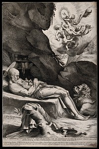 The death of Saint Jerome. Engraving by L. Ciamberlano, 1624.