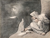 A witch in the moonlight, opening her hand to a mandrake plant dressed in a white veil. Drawing by or after H. Fuseli.