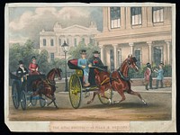 Two rival physicians ride in carriages around high-class London residences in competition for wealthy patients. Coloured lithograph, 18--.