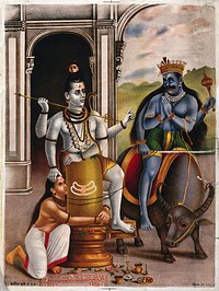 Shiva standing on a lingum, protects a kneeling woman from a demon. Chromolithograph by an Indian artist, 1800s.
