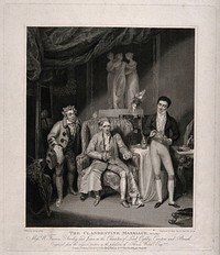 Lord Ogleby with Canton (a valet) and Brush in Colman and Garrick's The clandestine marriage. Engraving by H. Meyer, 1821, after G. Clint.