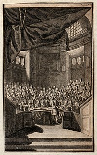 Pierre Dionis lecturing on surgery at the Saint-Côme lecture theatre in Paris. Engraving by Jean-Baptiste Scotin the younger, 1707.