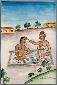 An Indian barber prepares to shave a Brahmin's head. Gouache painting by an Indian artist.