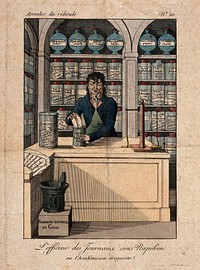 A sour faced apothecary putting together a prescription. Coloured engraving.