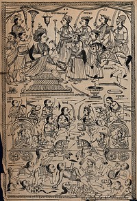Double picture: Queen Shrimati Pramila Rani holding court for a horse sacrifice ; a battle between Arjuna and his demon army and Vabhruvahana and his human army. Transfer lithograph.