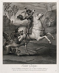 Saint George: he attacks the dragon with his sword. Engraving by N. de Larmessin after Raphael.