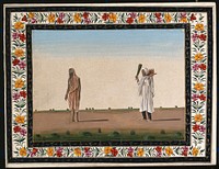 Two Indian women: (left) wearing pink robes and (right) holding a model of a temple and a peacock-feather fan. Gouache painting by an Indian artist.