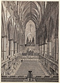 Westminster Abbey: interior looking east during the Royal Music Festival, 1834. Wood engraving by Sly and Wilson, 1843.