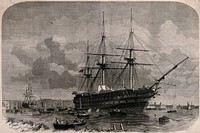 The ship Agamemnon at anchor off Greenwich before setting off to lay the telegraph cable across the Atlantic from Ireland to Canada. Wood engraving by F.J. Smyth, 1857, after E. Weedon.