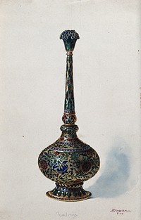 A Mughal style rose water sprinkler . Gouache painting by M.V. Dhurandhar, 1909.