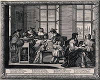 While the older generation sit at a table doing business, a young couple betrothe themselves to each other; two children play with a mask. Engraving by A. Bosse.