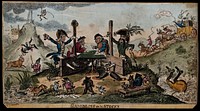 Lord Cochrane and Captain de Beranger, collaborators in a fraudulent manipulation of the Stock Exchange, playing dice while in the stocks. Coloured etching by George Cruikshank, 1814.