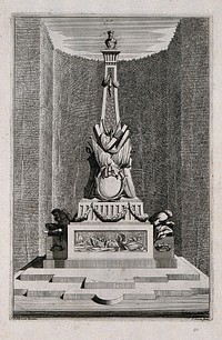 An ornate garden obelisk with a fleet of battle-ships carved on the base. Etching by J. Goeree after S. Schynvoet, early 18th century.