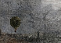 A hot-air balloon leaves the ground in driving rain. Coloured wood engraving.