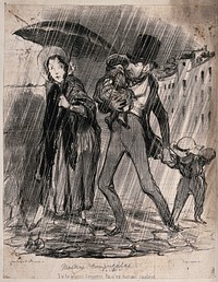 A family group out in heavy rain, the woman is under an umbrella, the disgruntled husband is following with two children. Lithograph.