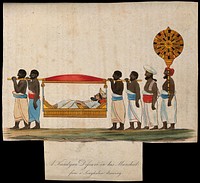 A man lying in a litter, being carried by four men. Coloured etching.