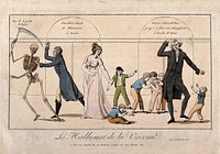 The history of vaccination seen from an economic point of view: A pharmacy up for sale; an outmoded inoculist selling his premises; Jenner, to the left, pursues a skeleton with a lancet. Coloured etching, c. 1800.