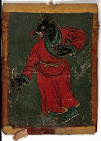 A black Tibetan demon with a boar's head, wearing a red and green dress. Gouache painting by a Tibetan artist.