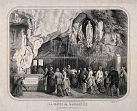 Lourdes, Haute Pyrénées: pilgrims gathered at the cave of Massabielle. Lithograph.
