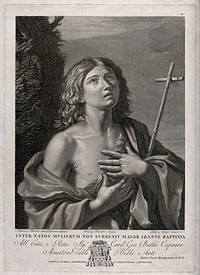 Saint John the Baptist as a youth, in the wilderness, holding a cross. Engraving by P. Ghigi after G.F. Barbieri, il Guercino, 18--.