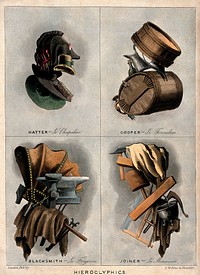 Composite heads: a florist, a writer, a musician and a barber made of their respective instruments. Coloured aquatint, ca. 1800.