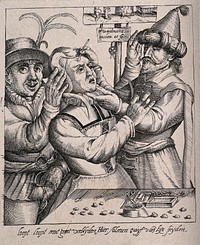 An itinerant surgeon extracting stones from a woman's head; symbolising the removal of her 'folly' (insanity). Line engraving after N. Weydtmans after himself.