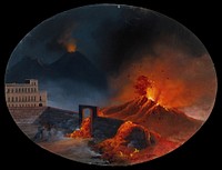 A volcanic eruption in Herculaneum , showing the advance of lava flow over walls, with Vesuvius visible in the background. Gouache painting, 1861.