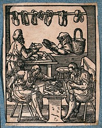 A maker of shoes and boots is selling shoes to a woman at the window of his workshop, as his assistants sew and hammer footwear. Woodcut by J. Amman.