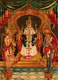 Vishnu portrayed as in a Maharastra temple with Hanuman and Garuda before him. Chromolithograph.