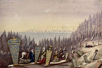 Scutari: people in the Turkish burial ground; city in the background. Watercolour by M. O'Reilly, 1854.