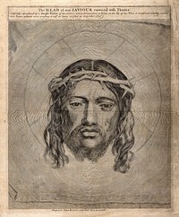 The veronica (sudarium of Saint Veronica), representing the face of Christ. Etching, 17--, after C. Mellan, 1649.