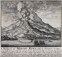 The eruption of Mount Etna in 1669. Etching.