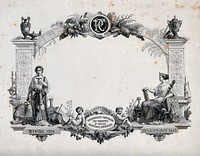 Pharmaceutical bill-head for the Pharmacie Centrale de France showing personifications of commerce (left) and pharmacy (right). Steel engraving.