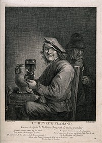 A man sits holding a large glass of wine, behind a man lights his pipe. Engraving by P. Chenu, 1743, after D. Teniers II.