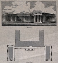 The British Museum: (above) the entrance facade, (below) the plan. Wood engraving after a design attributed to G. R. French, 1843.