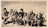 Patients wait in the outpatients' department of a hospital. Drypoint by D. Thorne.