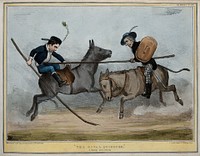 Lord Durham and Lord Brougham jousting, Durham about to be unseated. Coloured lithograph by H.B. (John Doyle), 1839.