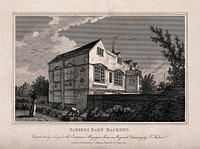 Barber's Barn, Hackney, a timber-framed building with decorative plasterwork, two ladies walking in the garden, a gardener at work. Engraving by Lacy, 1811, after T. Fisher.