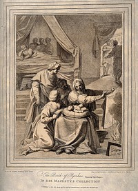The birth of Pyrrhus, his mother Deidamia  recovers in bed while servants wash and tend him. Engraving by F. Bartolozzi, 1797, after A. Carracci.