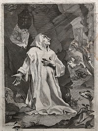 Saint Bruno praying in the wilderness. Engraving after C. Mellan.