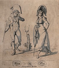 A man scrutinises a woman through an eyeglass as she saunters past wearing a bonnet and carrying a parasol. Etching.