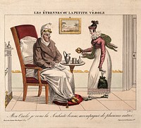 A niece visits her smallpocked uncle and gives him presents. Coloured engraving by Gautier.