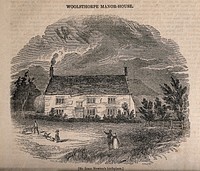 The house in Woolsthorpe, Lincolnshire, where Sir Isaac Newton was born; a man and a woman approach the house. Wood engraving, 1839.