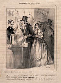 At a Great Exhibition a shopkeeper sells enemas concealed in hollow volumes of classic literature for purposes of discretion. Lithograph by C. Vernier, 1844.