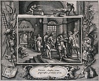 A gaoler receives money for releasing a prisoner from a torture chamber. Engraving by A.C. after M. de Vos.