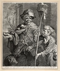 A rat-catcher in Haarlem with a rat running along his cape holds out rat poison in his right hand; to the right a boy assistant carries a cage on a long stick with rats in it and hanging off it. Engraving by C. Visscher after himself.