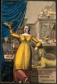 Hygieia, goddess of health, in a scientific cabinet. Coloured pen and ink drawing by O. Cramer, 1837.
